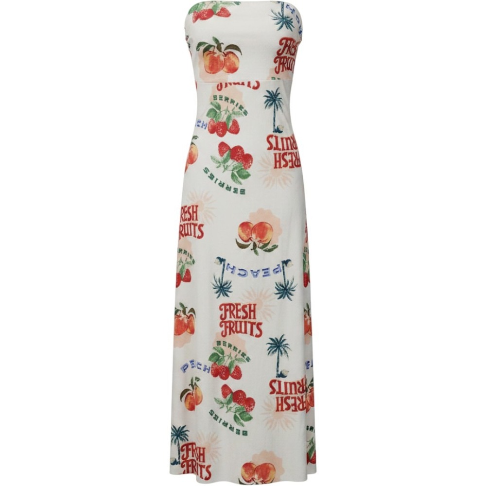 Paper Heart Strapless Maxi Dress Cream Fruit Graphic Print Womens Medium